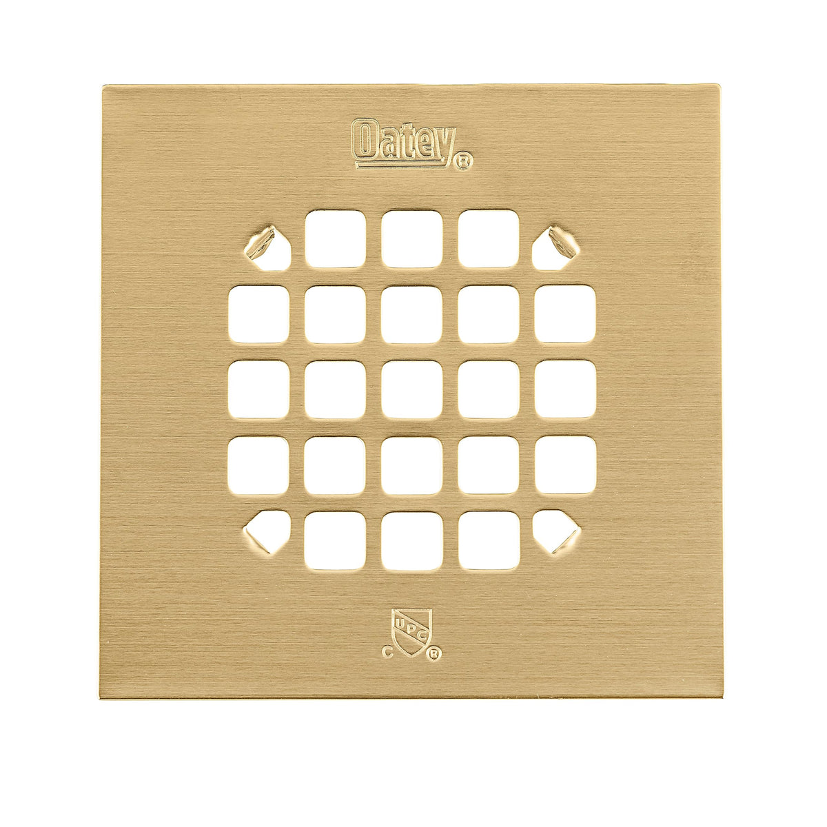 Oatey 42361 square shower strainer in brushed gold for a coordinated bathroom look.
