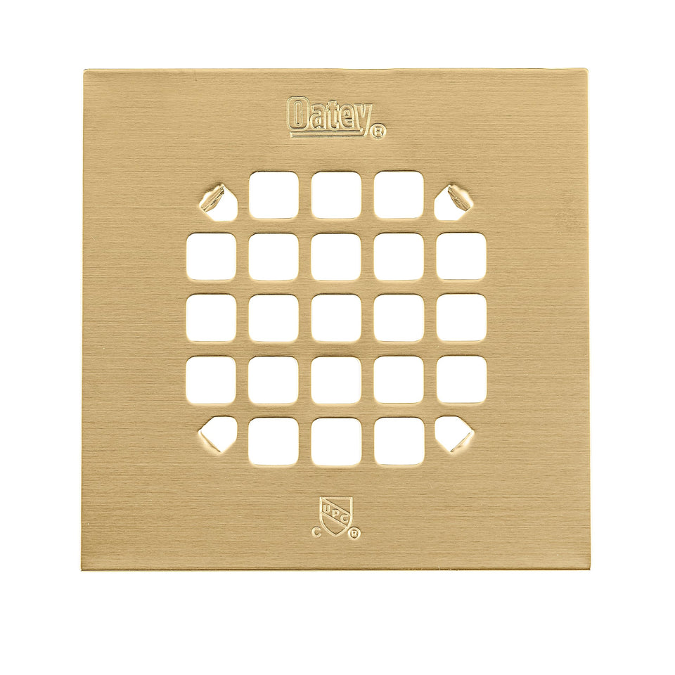 Oatey 42361 square shower strainer in brushed gold for a coordinated bathroom look.