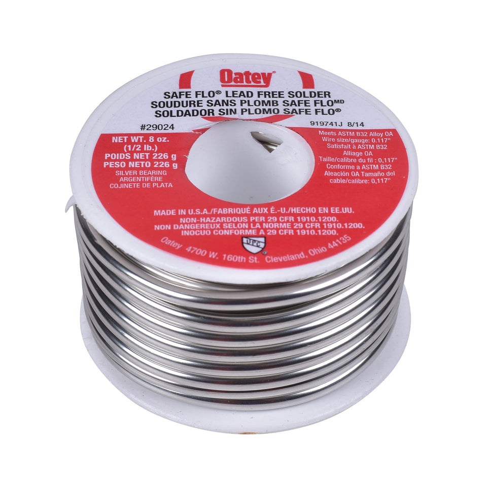 Oatey Safe-Flo solder spool for bulk copper joints, lead-free and compliant with water standards.