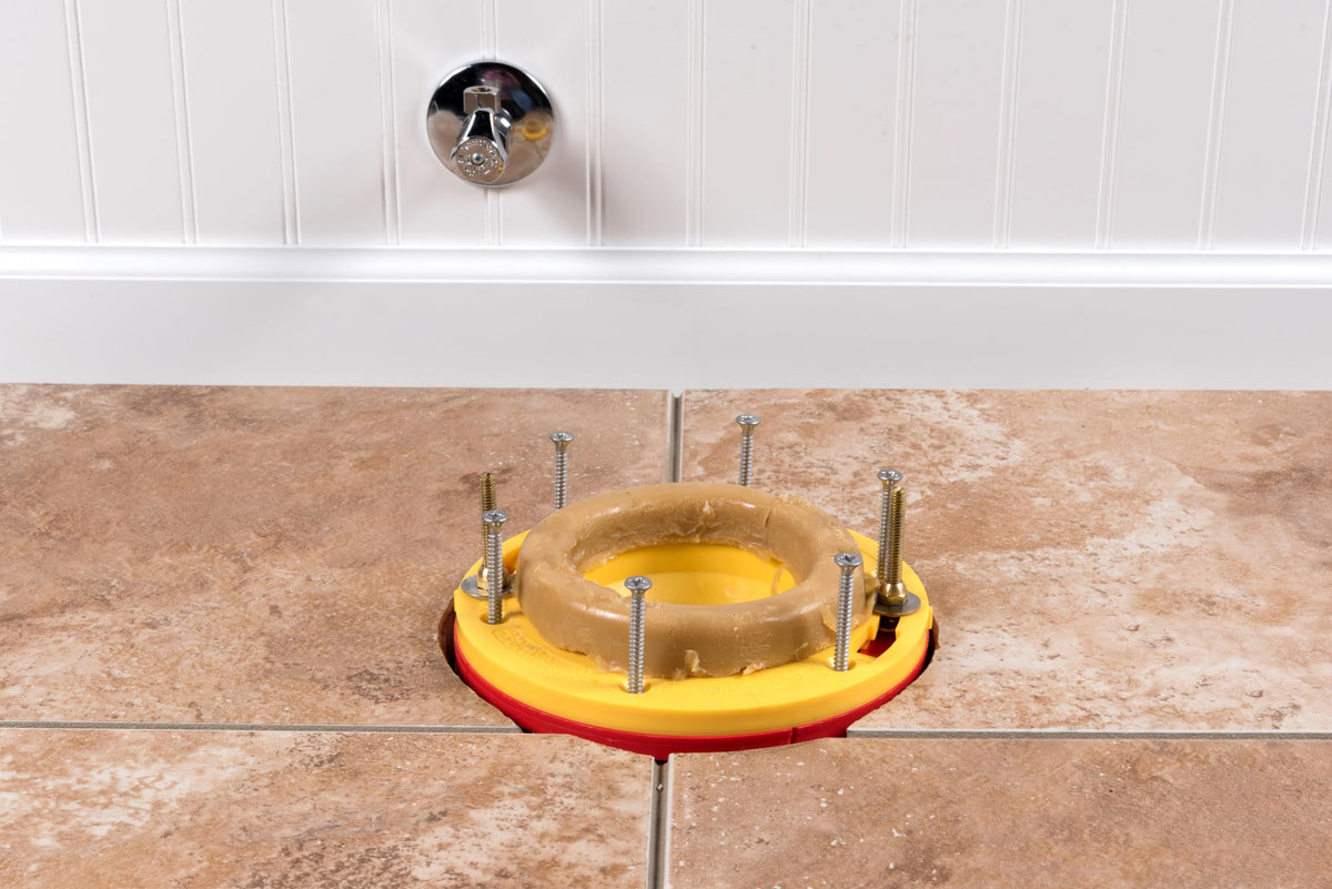 Oatey Set-Rite installation demo illustrating flange extension above finished flooring.