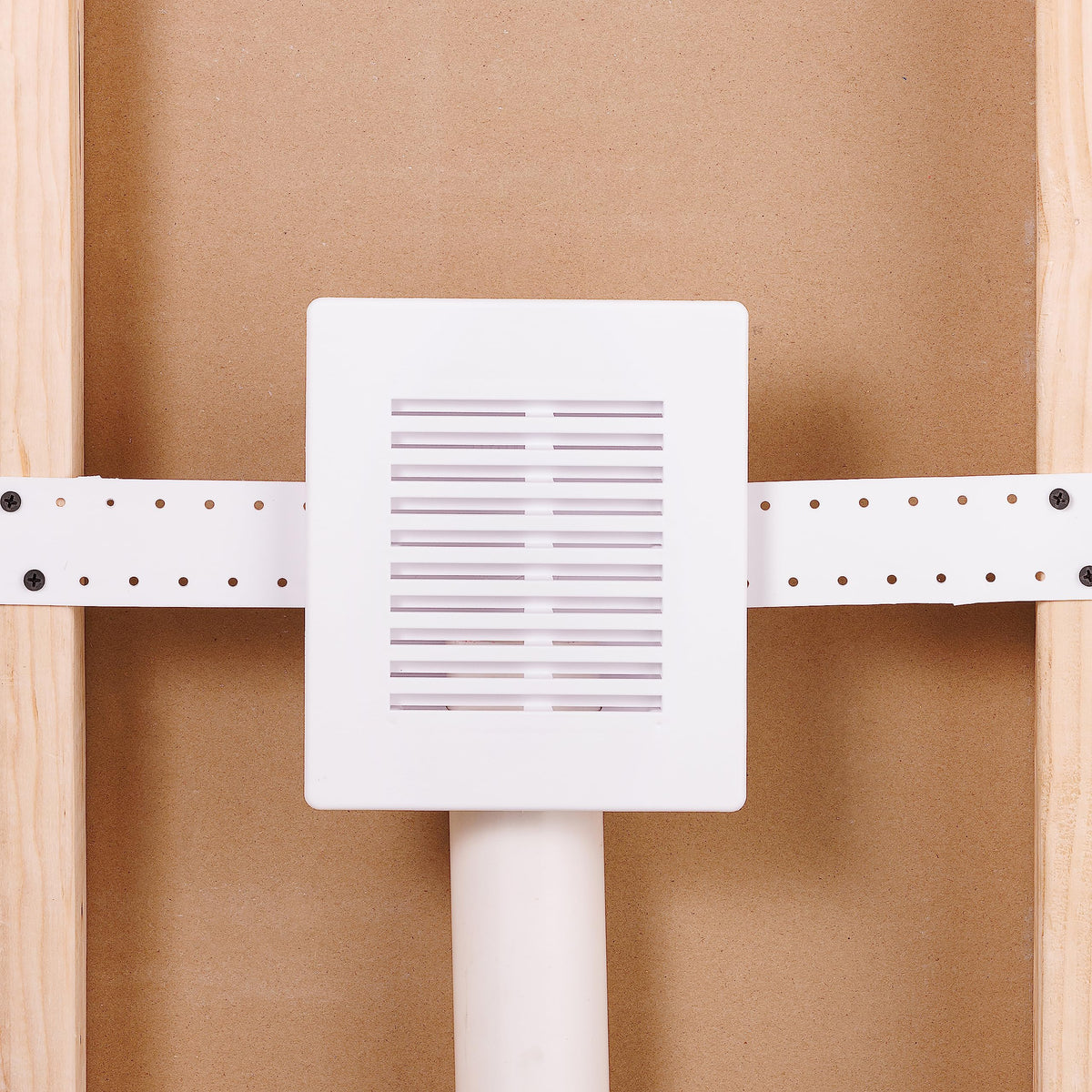 Oatey Sure-Vent faceplate on wall box with adjustable mounting for any wall finish.