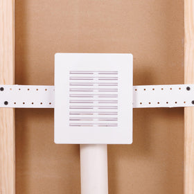 Oatey Sure-Vent faceplate on wall box with adjustable mounting for any wall finish.
