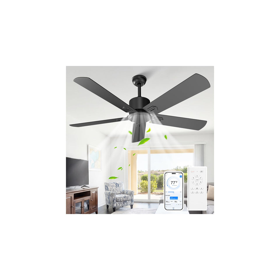 Obabala black ceiling fan no light 52-inch for indoor or sheltered outdoor spaces, stylishly quiet.