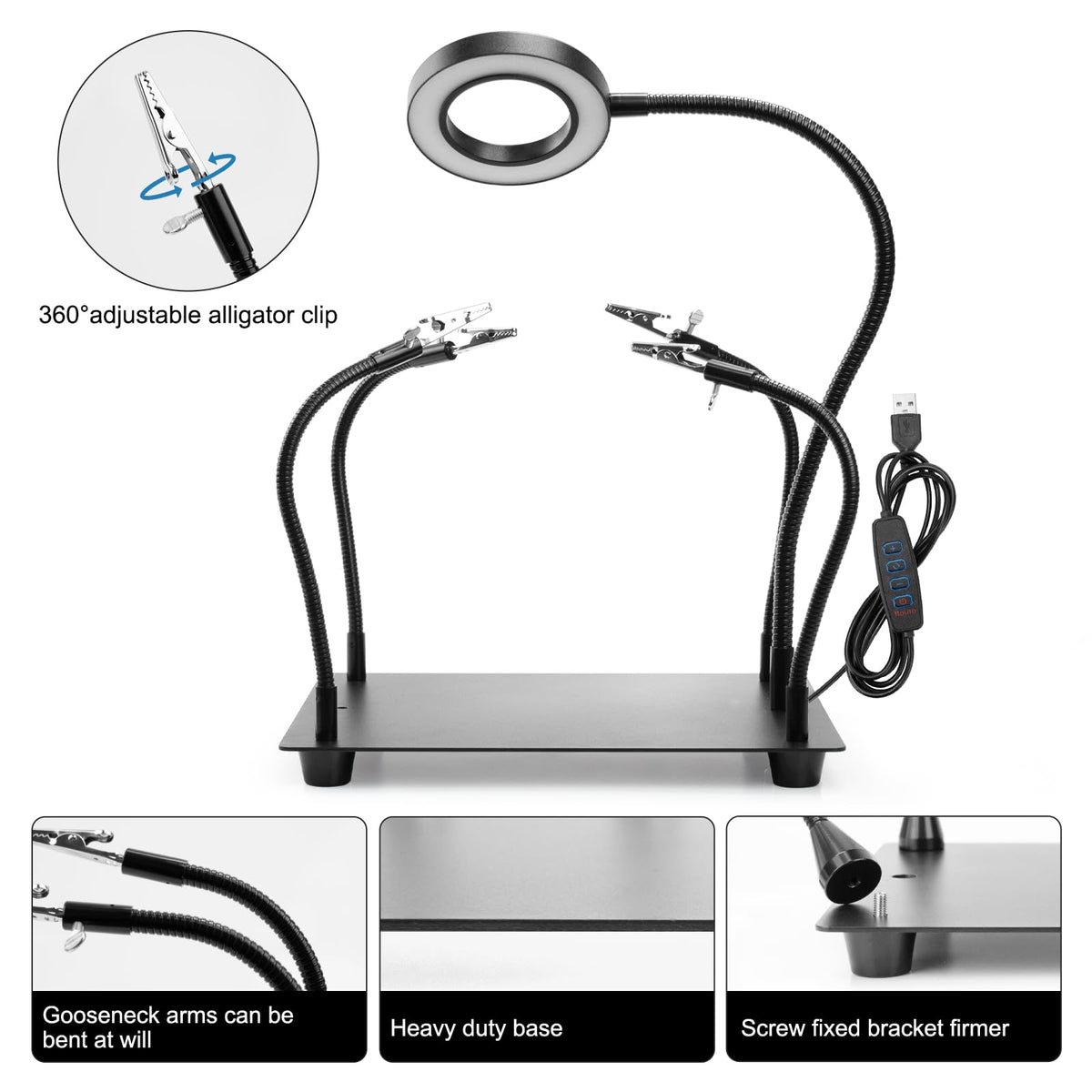 OBDMONSTER Helping Hands with four arms enables flexible, hands-free soldering.