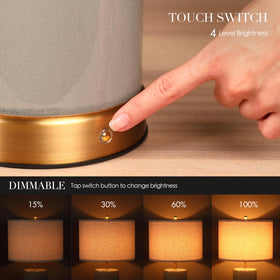 O'Bright Dune oatmeal fabric drum shade diffuses warm light.