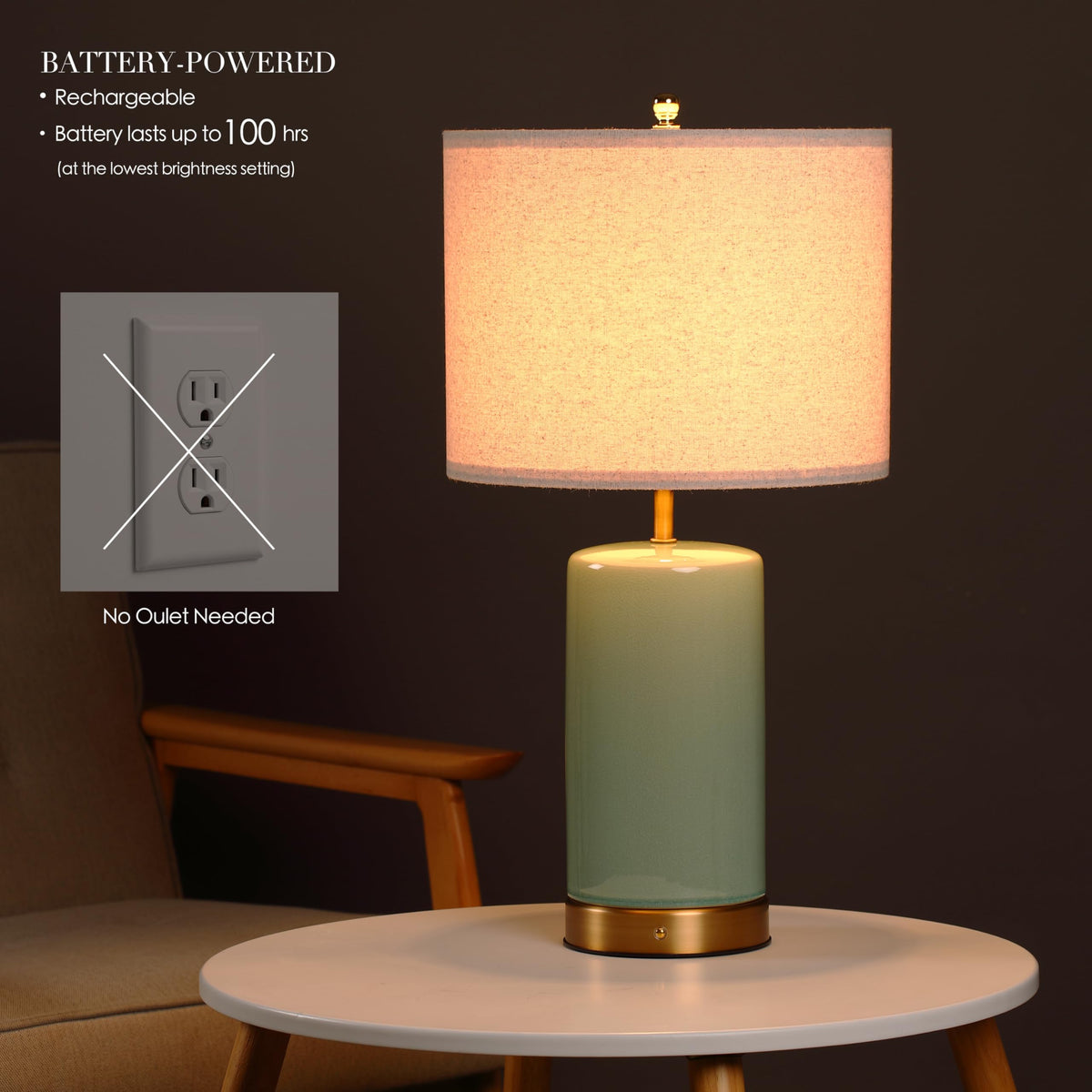 O’Bright Dune sage green ceramic base with brass accents for mood lighting