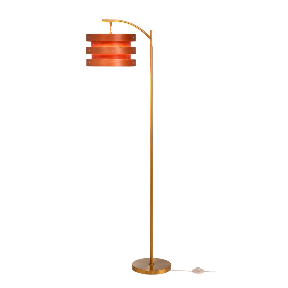 O’Bright Strata floor lamp layered shade for subtle ambient lighting in living rooms.