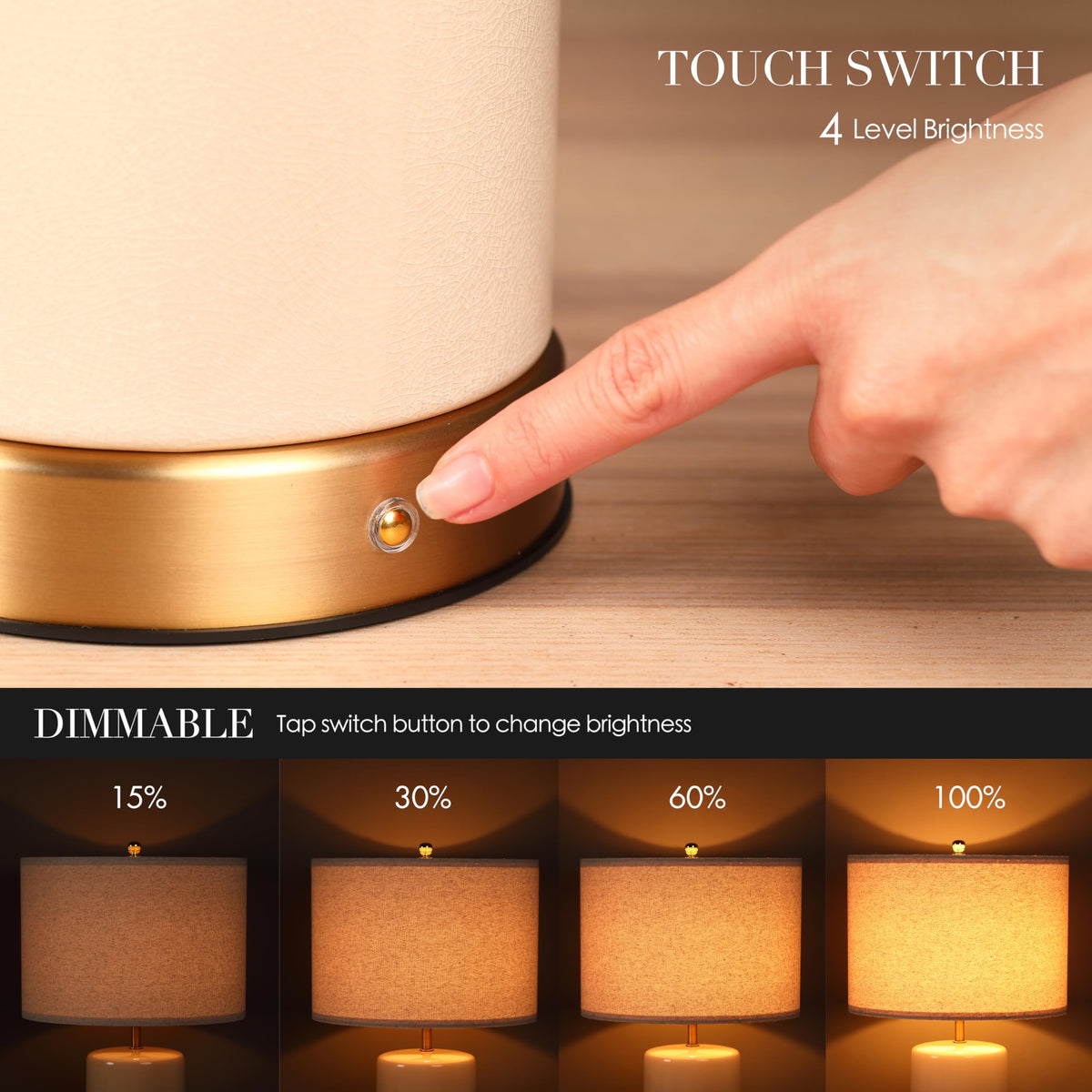 Oatmeal fabric drum shade diffuses soft light for coziness