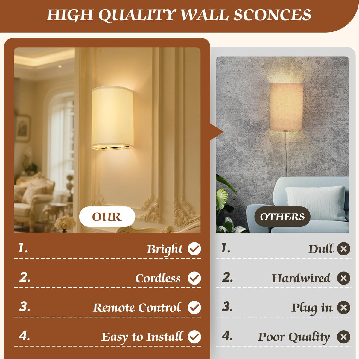 OCATO wireless wall sconce with easy-install hooks for damage-free setup