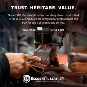Close-up of USA-made Occidental Leather clip-on pouch and rugged clip