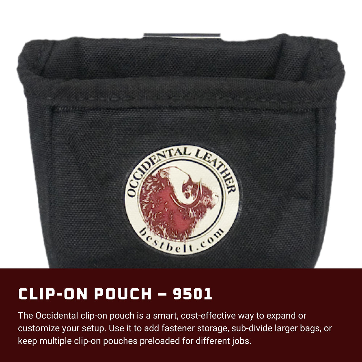 Side profile of Occidental Leather clip-on pouch showing durable belt clip