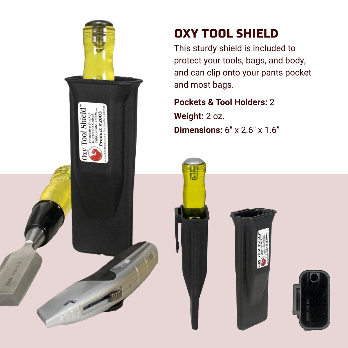 Occidental Leather heavy-duty belt clip secures tools securely during demanding work.