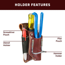 Occidental Leather tool holder securing hammer and screwdriver for quick access