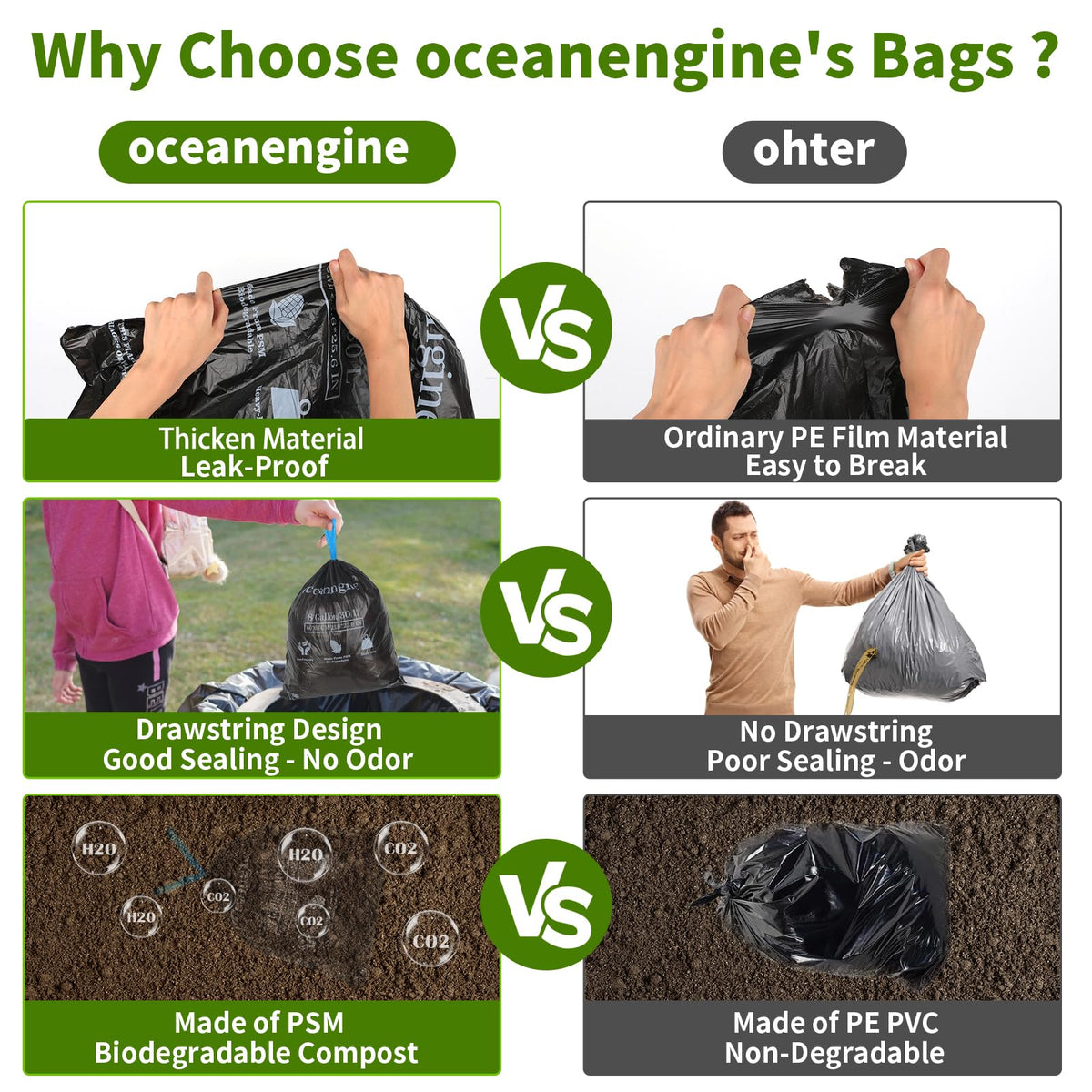 Oceanengine compostable plastarch material bags, eco-friendly waste management for campers.