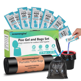Oceanengine portable toilet bags 8-gallon in use, leak-proof containment for camping trips.