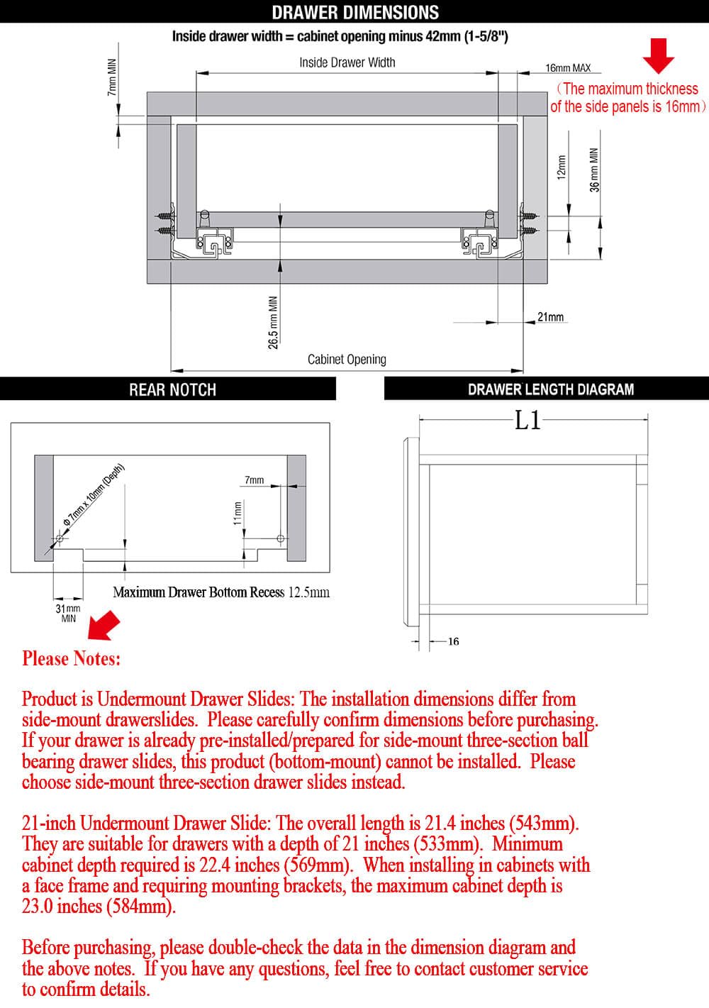 OCG undermount drawer slides 21-inch side view, sturdy galvanized steel construction