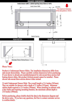 OCG undermount drawer slides 21-inch side view, sturdy galvanized steel construction