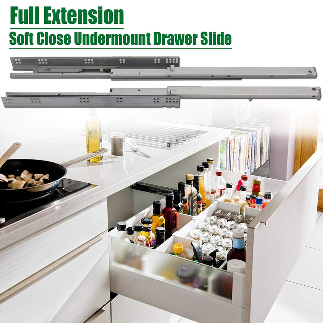 OCG undermount drawer slides full-extension action enabling complete drawer access