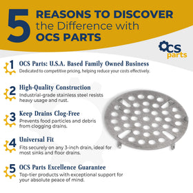 OCS Parts universal-fit 3-inch drain strainer ready for multiple sink configurations.