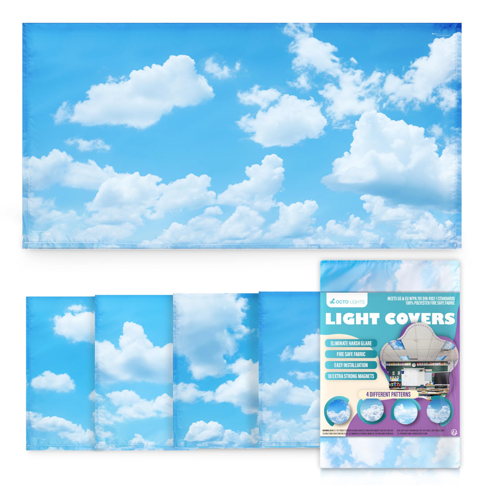 OCTO LIGHTS cloud cover magnet snaps for classroom lighting, reducing glare.