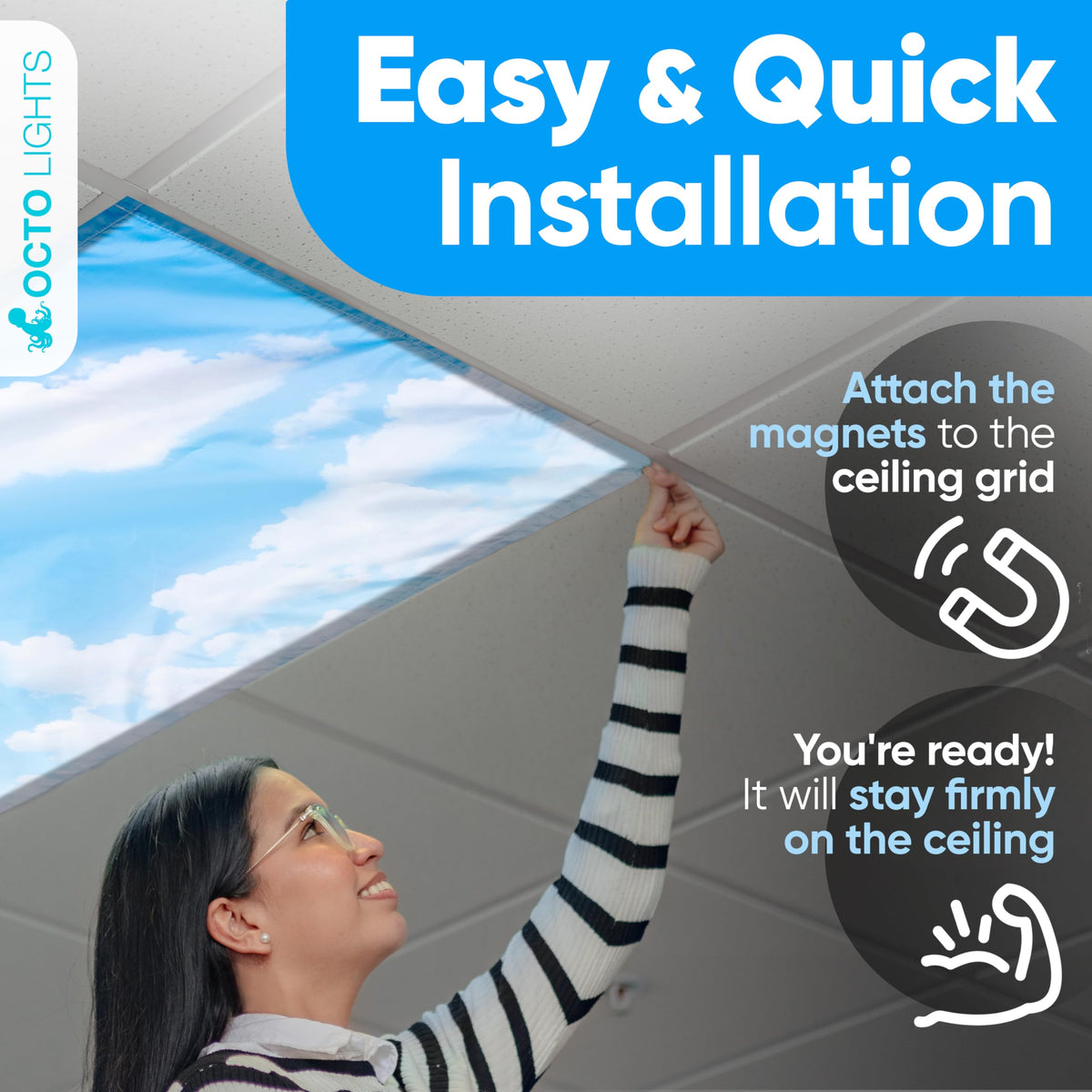 OCTO LIGHTS easy-install magnetic clip snaps on quickly for stress-free redecorating.