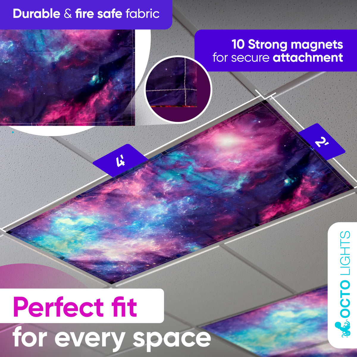 OCTO LIGHTS fire-safe fabric cover enhances safety while preserving bright, comfortable illumination.