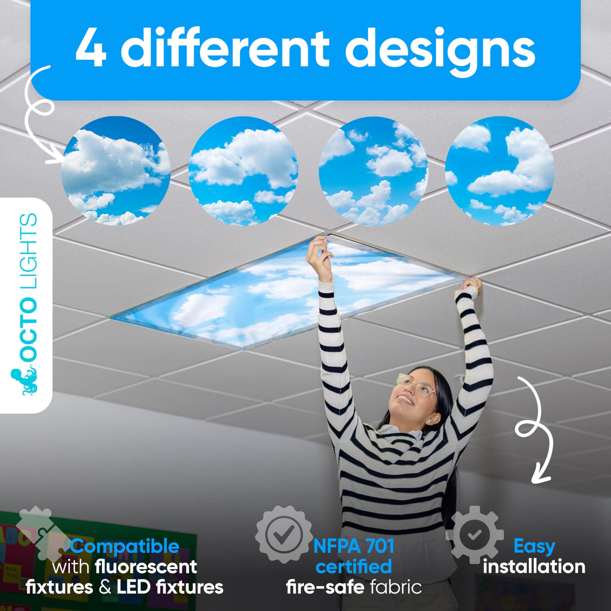 OCTO LIGHTS modern-design fabric adds chic color to classrooms and home offices.