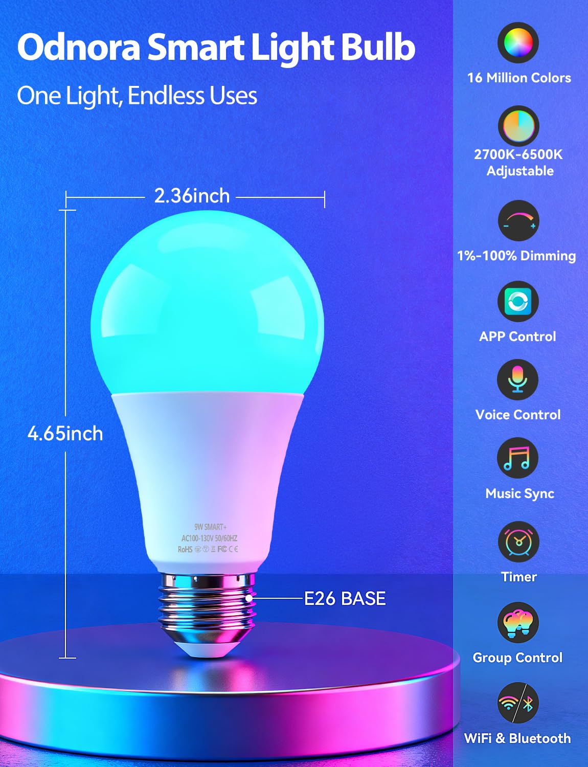 Odnora smart light bulbs with Alexa and Google support for hands-free control
