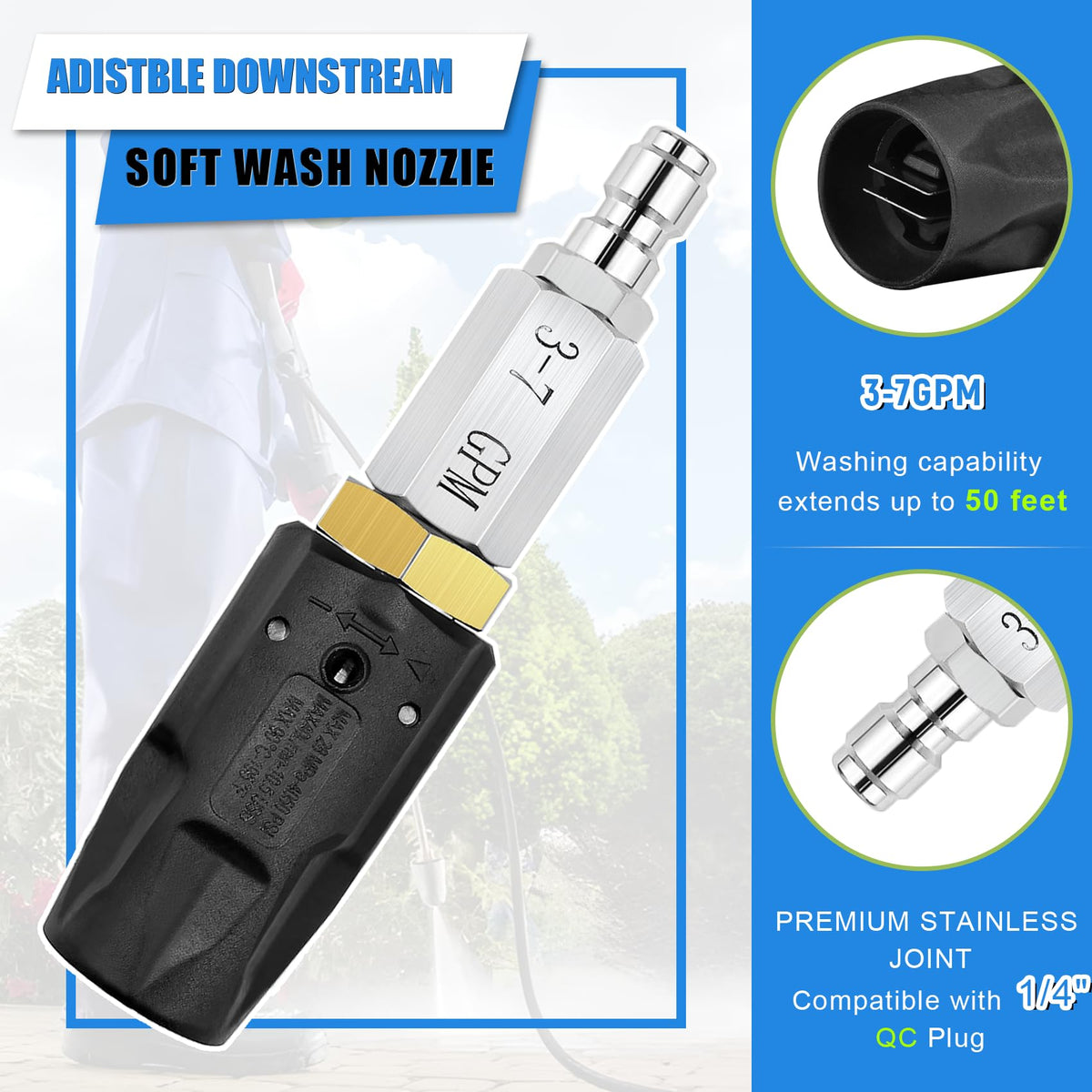 OEM Upgrade soft wash nozzle compatible with 3–7 GPM systems for efficient downstream washing