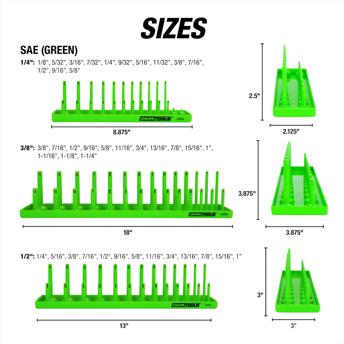 OEMTOOLS 22233 socket trays 1-2 drive overview conveys wide range.
