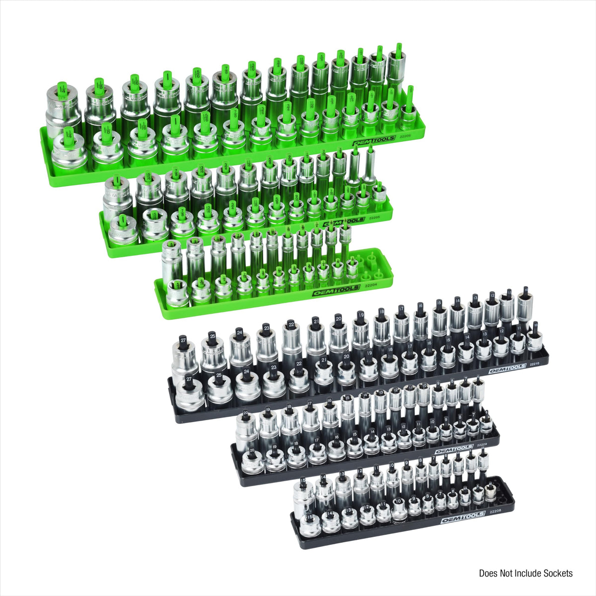 OEMTOOLS 22233 socket trays 1-4 drive SAE side highlight easy size finding.