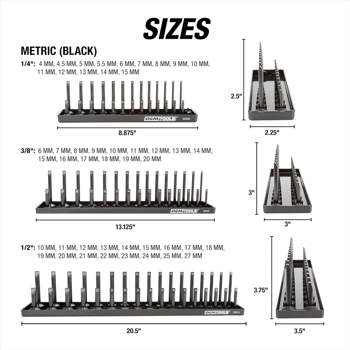 OEMTOOLS 22233 socket trays 3-8 drive metric side emphasizes clear sizing.