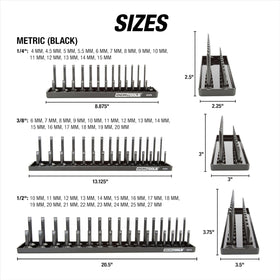 OEMTOOLS 22233 socket trays 3-8 drive metric side emphasizes clear sizing.