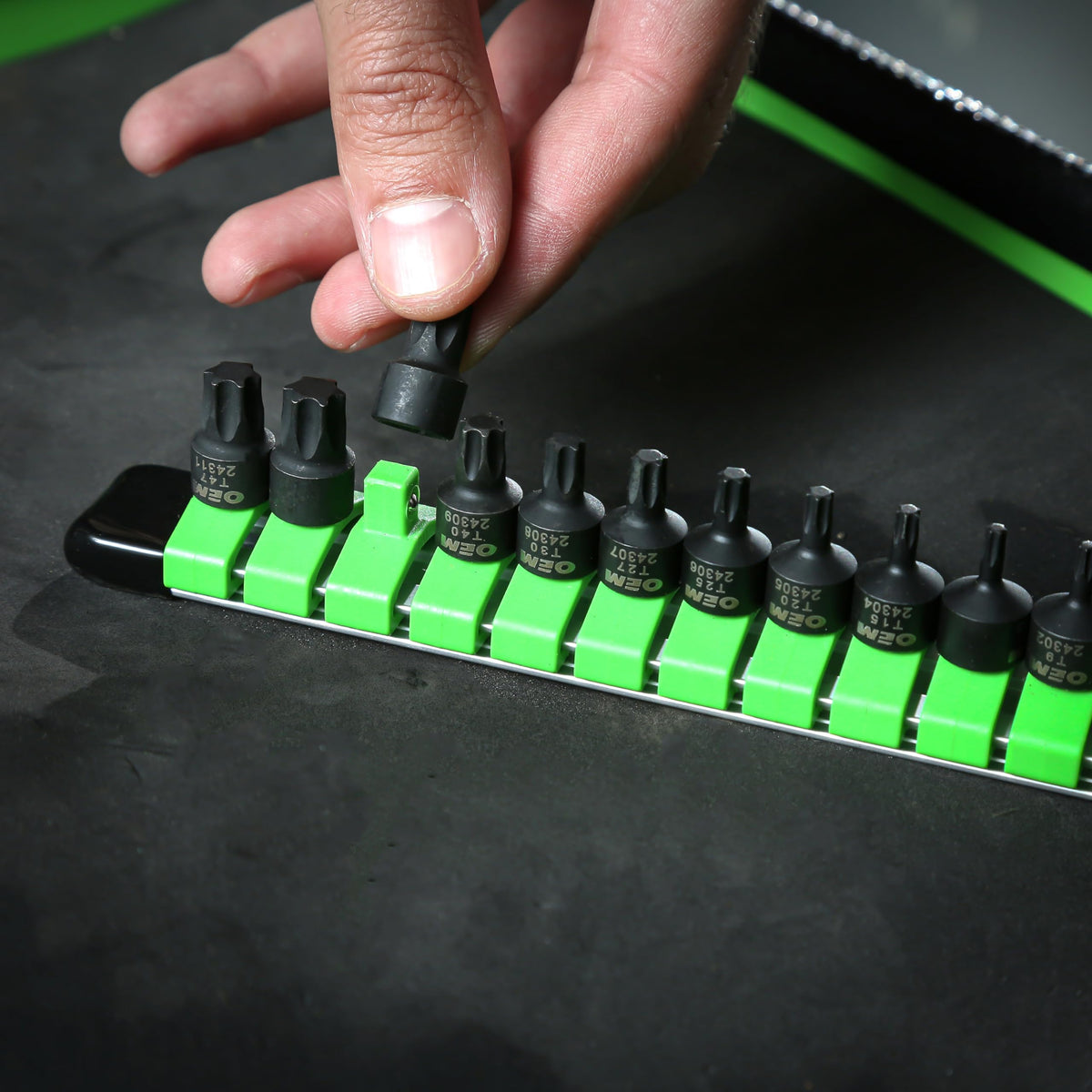 Compact aluminum rail keeps tools organized and within reach during tough jobs.