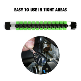 OEMTOOLS Torx sockets neatly arranged on an aluminum rail for quick access.