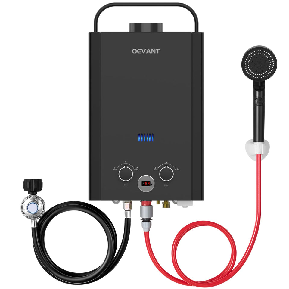 OEVANT propane water heater with instant hot water for outdoor showers and camping.