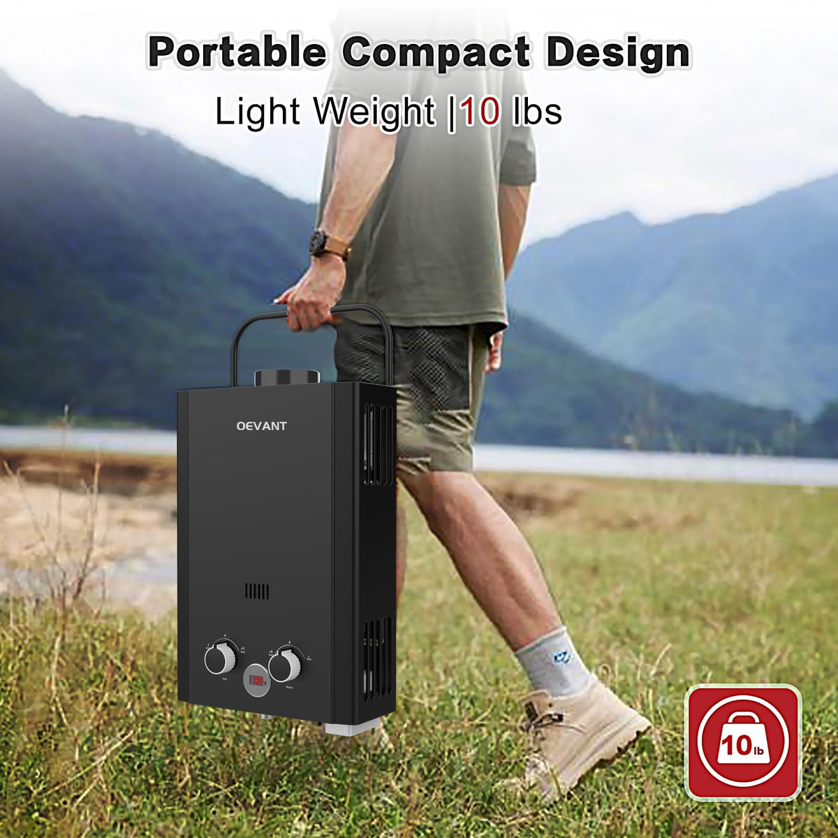 OEVANT water heater with LED display for precise outdoor heating.