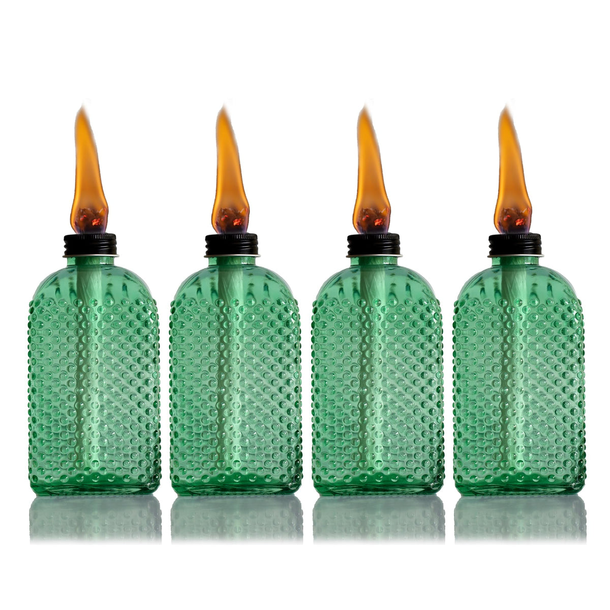 OEXEO Citronella torch in green glass bottle adds stylish patio lighting and ambiance.