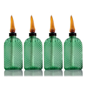 OEXEO Citronella torch in green glass bottle adds stylish patio lighting and ambiance.