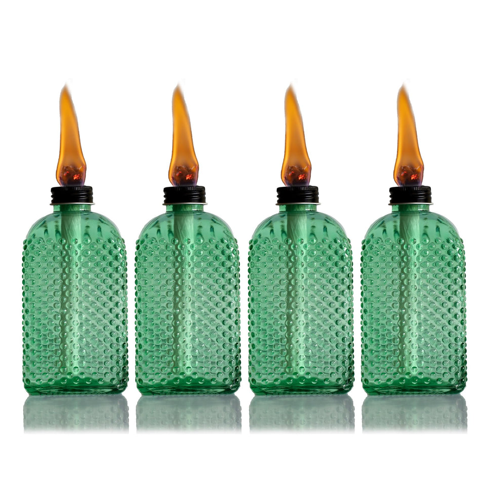 OEXEO Citronella torch in green glass bottle adds stylish patio lighting and ambiance.