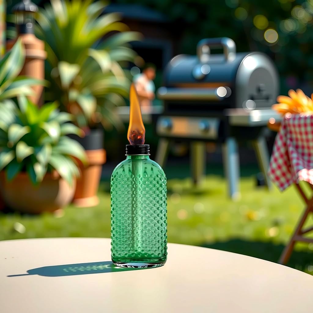 Close-up of the textured green glass surface on OEXEO citronella torch.