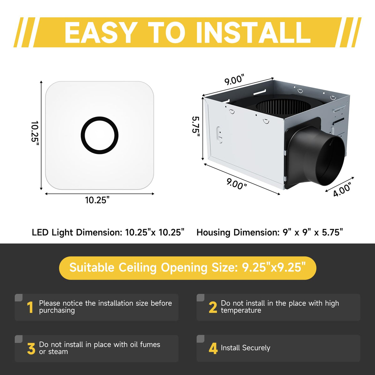 OFANKU four-inch duct connection fits standard ceiling ducts for easy setup