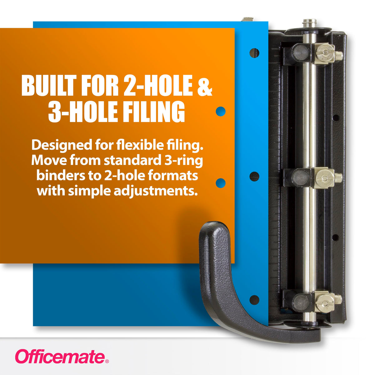 Officemate adjustable paper guide aligns sheets for precise hole placement