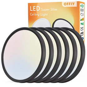 OFFIY six-pack 12-inch flush mount close-up highlighting a slim profile ideal for low ceilings.