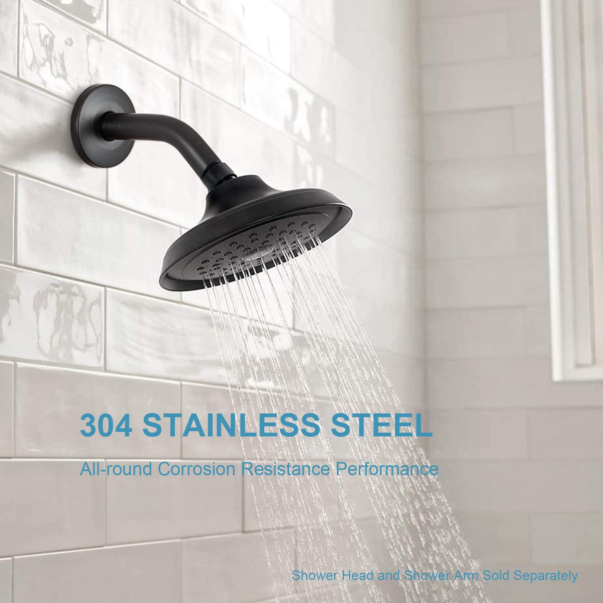 OFFO wall-mount bronze arm installed in a modern shower space