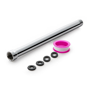 OFFO shower head extension arm in chrome finish extends reach for easier rinsing.