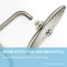 OFFO 13in brushed nickel arm angled view shows elevated height for rainfall showers.