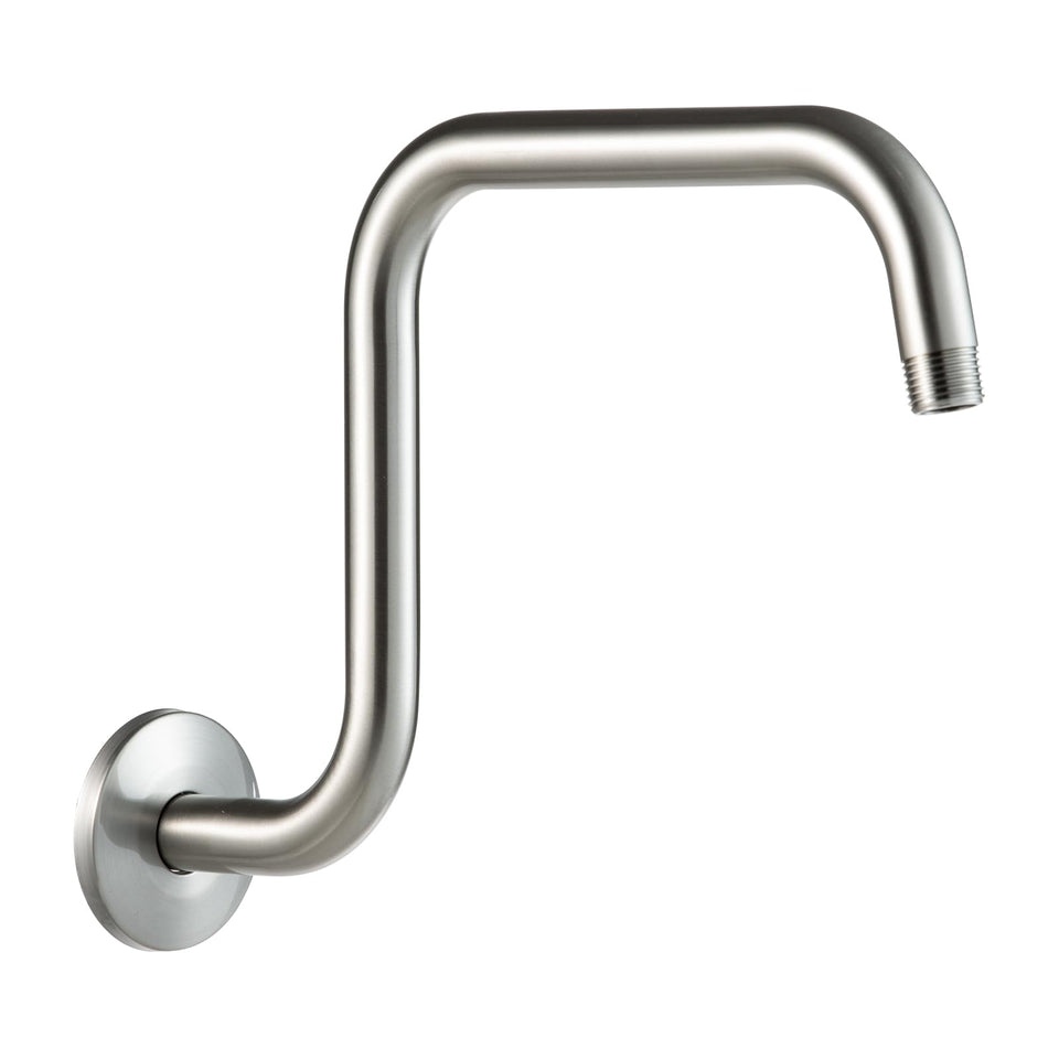 OFFO 13in brushed nickel shower arm profile increases reach for larger showerheads.