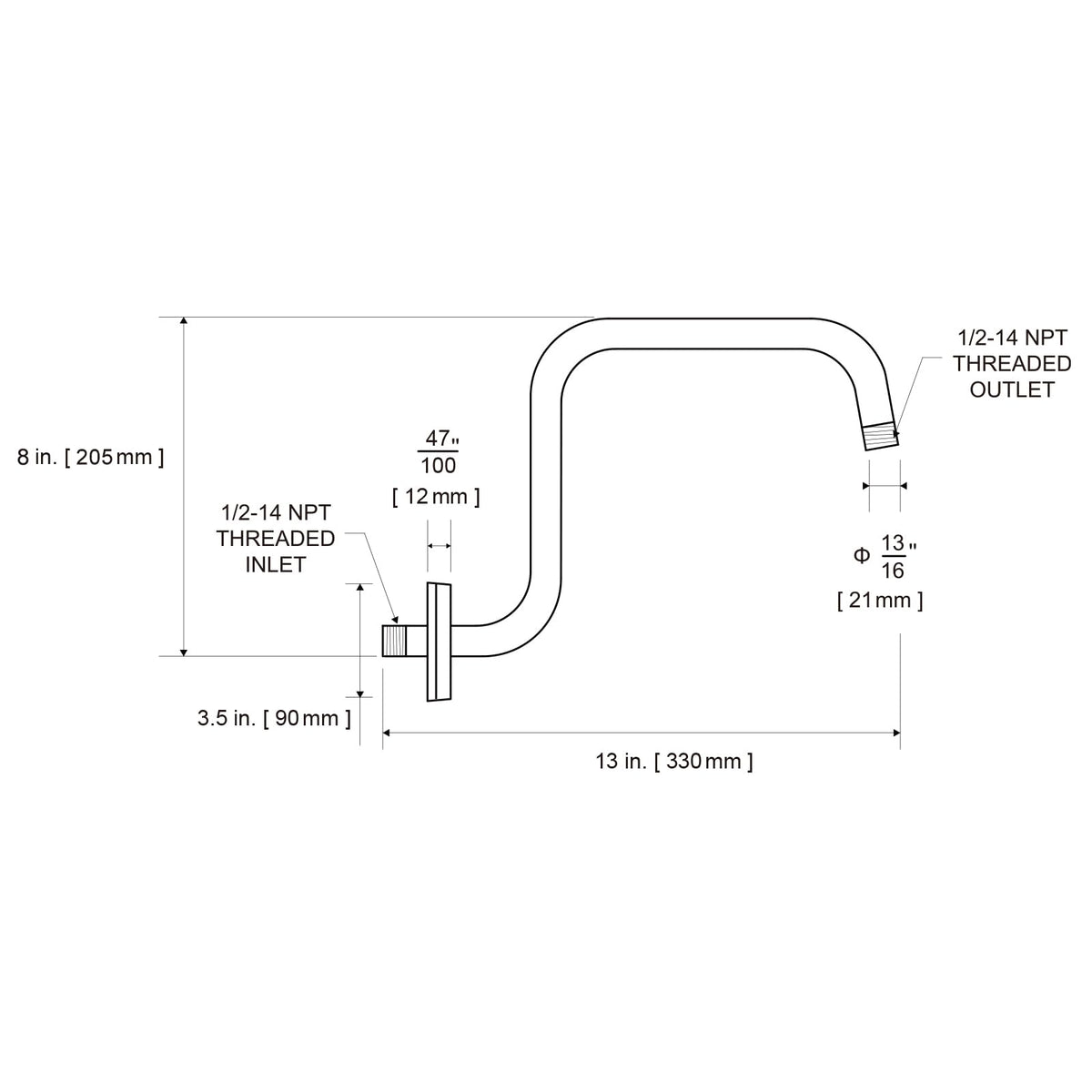 OFFO 13in brushed nickel shower arm in damp environment with rust-resistant construction.