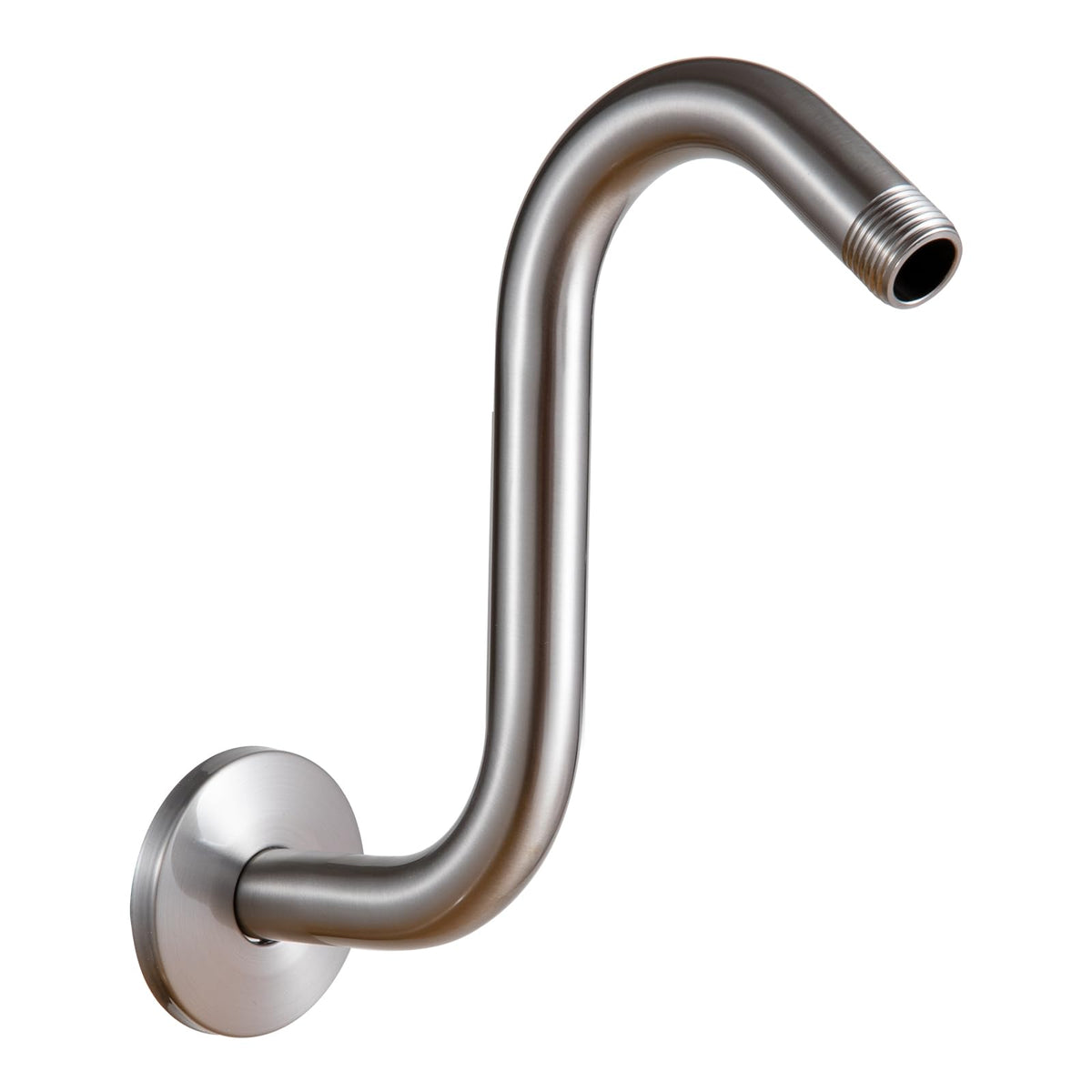 OFFO shower head extension arm in brushed nickel extends height for rainfall feel.